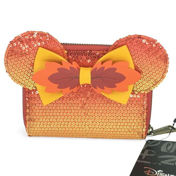 Disney Loungefly Minnie Mouse Fall Ombre Sequin Zip Around Wallet NWT NEW - Picture 2 of 8